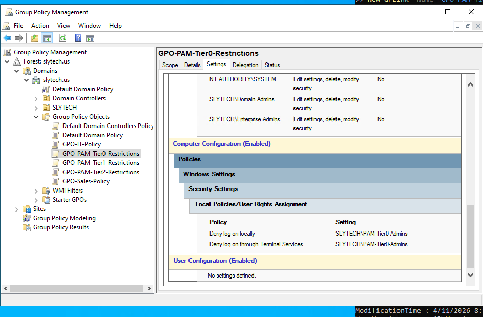 GPO-PAM-Tier0-Restrictions showing deny policies applied to PAM-Tier0-Admins