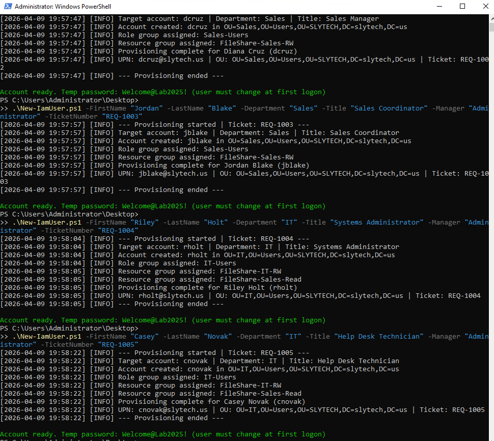 Provisioning script running for all five test users