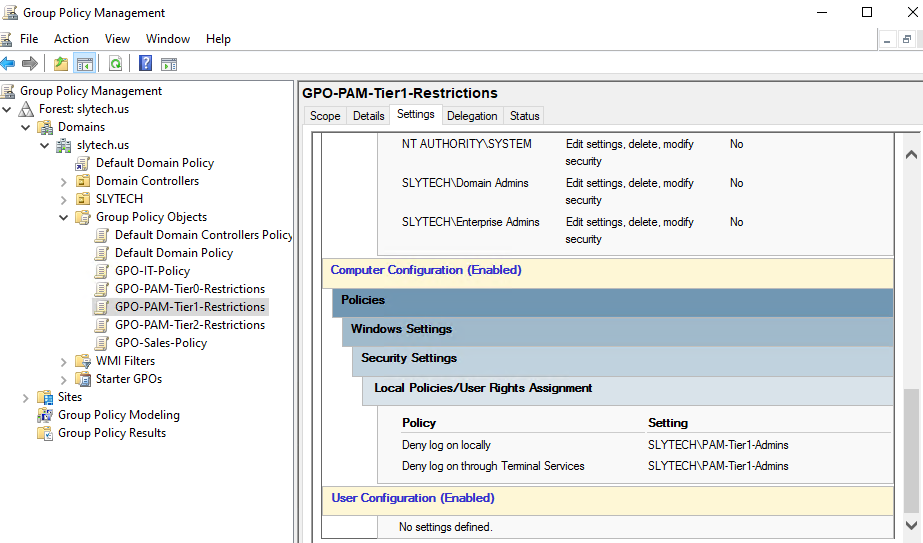 GPO-PAM-Tier1-Restrictions showing deny policies applied to PAM-Tier1-Admins