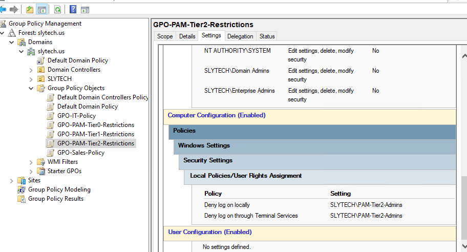 GPO-PAM-Tier2-Restrictions showing deny policies applied to PAM-Tier2-Admins