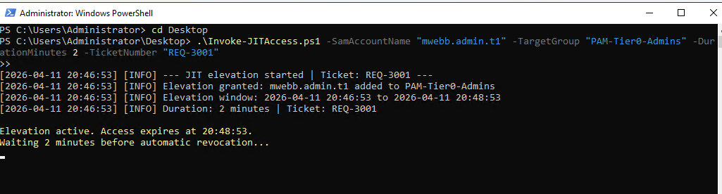 JIT elevation active, showing countdown to expiration