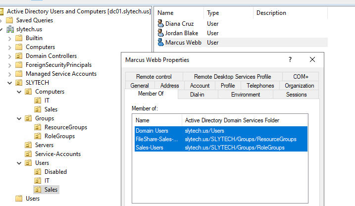 Marcus Webb group membership showing Sales-Users and FileShare-Sales-RW