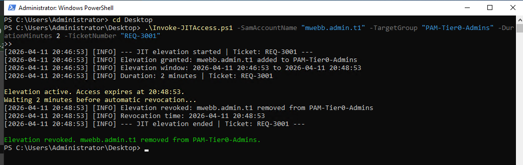 JIT elevation revoked, green confirmation message