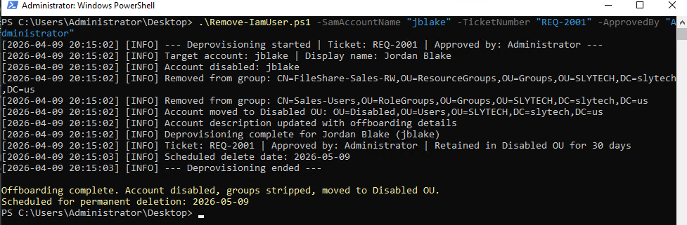 Deprovisioning script terminal output