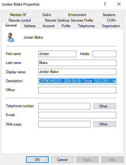 jblake account properties showing offboarding description