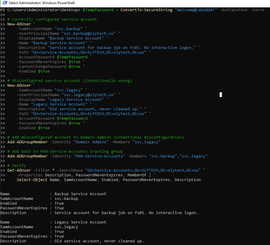 ADUC showing both service accounts in the Service-Accounts OU