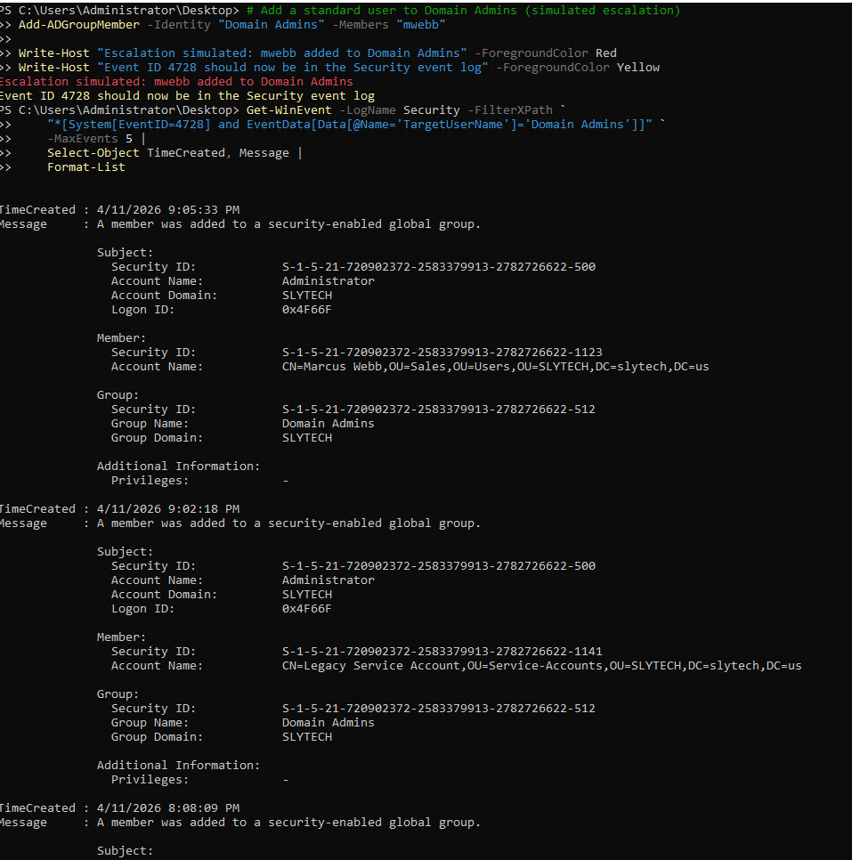 Event ID 4728 showing mwebb added to Domain Admins