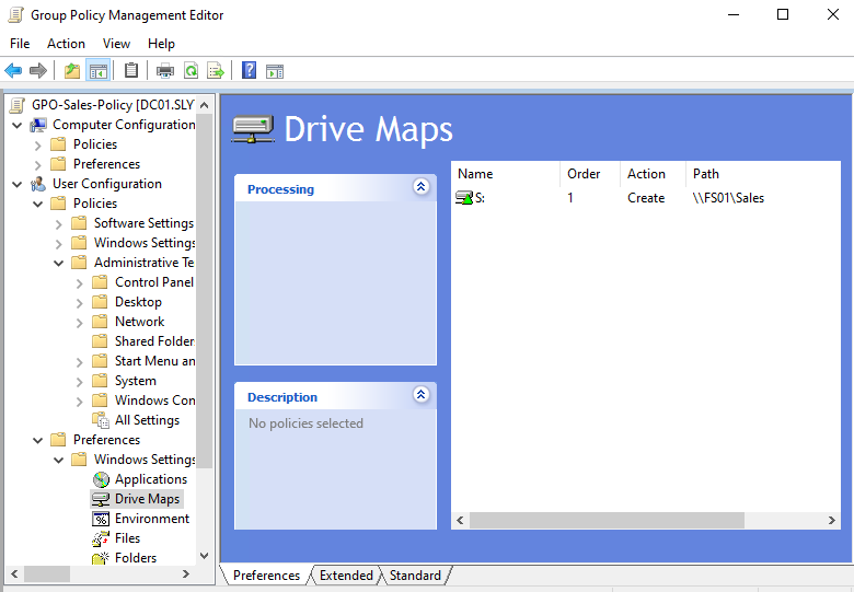 Sales GPO drive map showing S: to \FS01\Sales