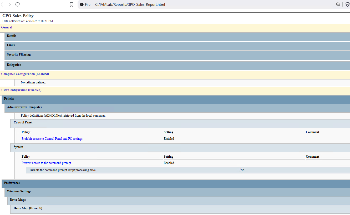 Sales GPO HTML report showing Control Panel and CMD restrictions enabled