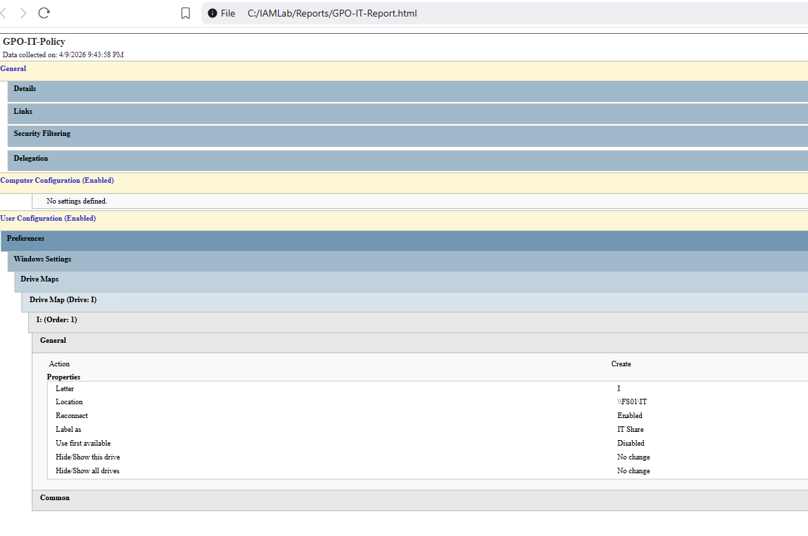 IT GPO drive map showing I: to \FS01\IT