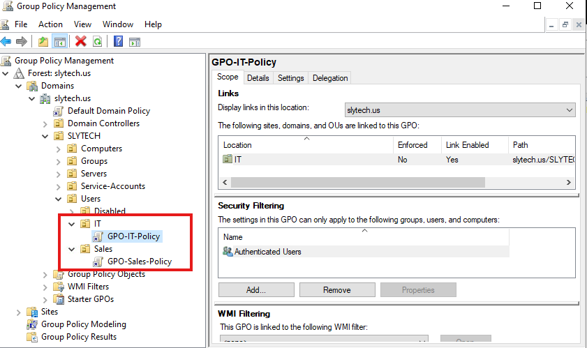 GPMC showing both GPOs linked to their respective OUs