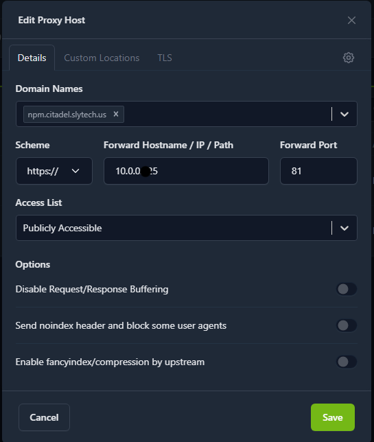 NPMplus Proxy Host Config