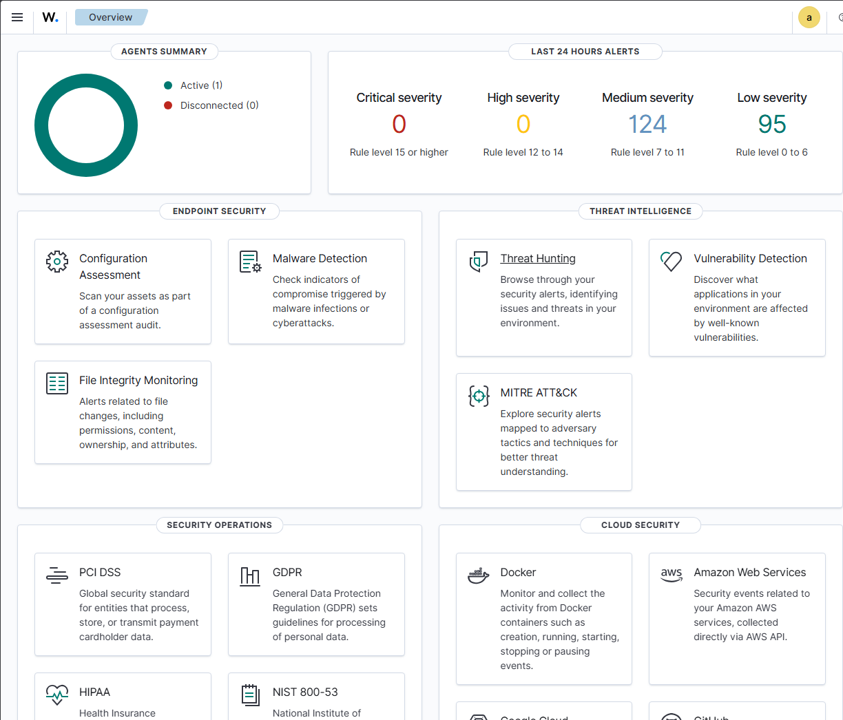 Wazuh dashboard first login showing agents summary and compliance modules