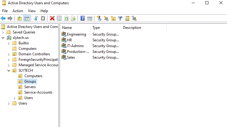 Active Directory Users and Computers showing slytech.us domain with OU structure