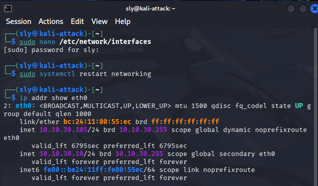 Kali terminal showing hostname kali-attack and static IP 10.10.30.10 confirmed