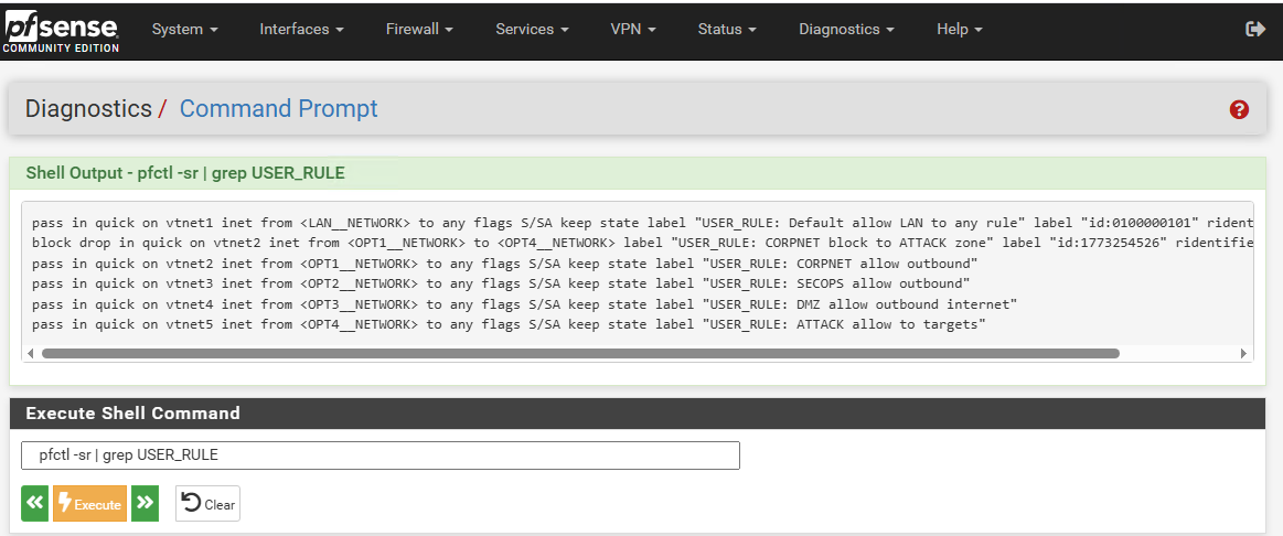 pfSense firewall rules showing zone isolation between Management, Corporate, and Workstation networks