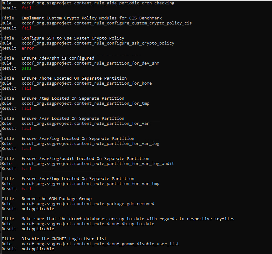 OpenSCAP CIS scan running on linux-endpoint showing pass and fail results scrolling in terminal