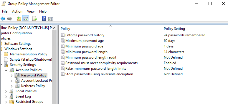 Group Policy Management Editor showing password policy settings including enforce history 24, max age 60 days, min length 14 characters, complexity enabled