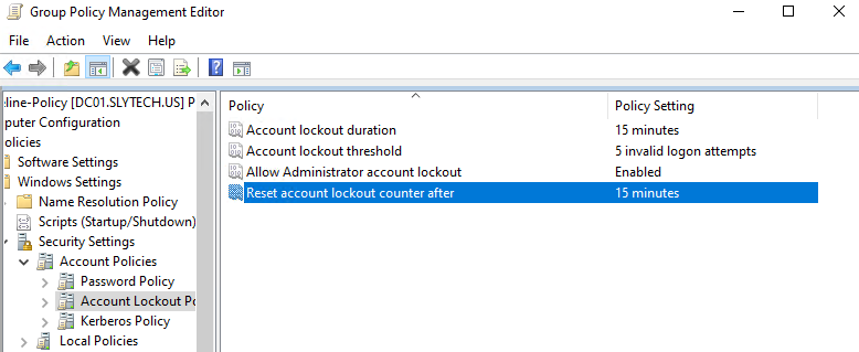 Group Policy Management Editor showing account lockout policy with 5 attempt threshold and 15 minute duration
