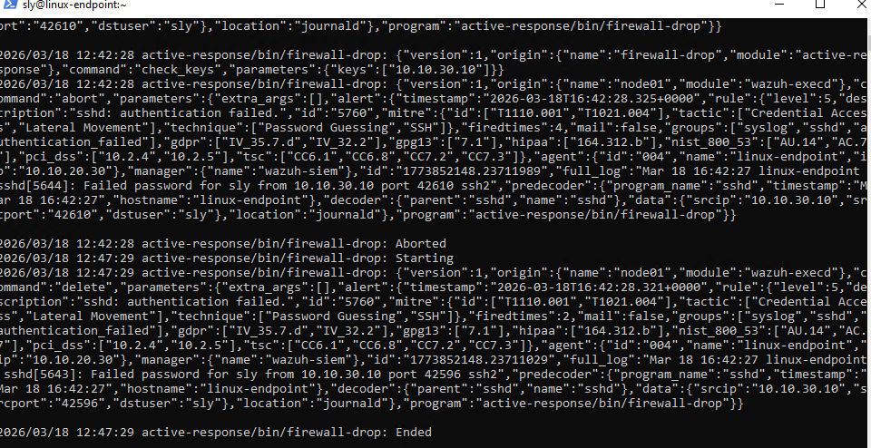 Wazuh active-responses.log on linux-endpoint showing firewall-drop command executing with Kali's IP 10.10.30.10 as the target