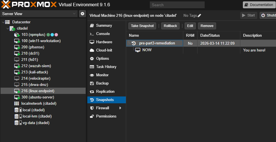 Proxmox snapshot list for VM 216 showing pre-part3-remediation snapshot as the recovery point