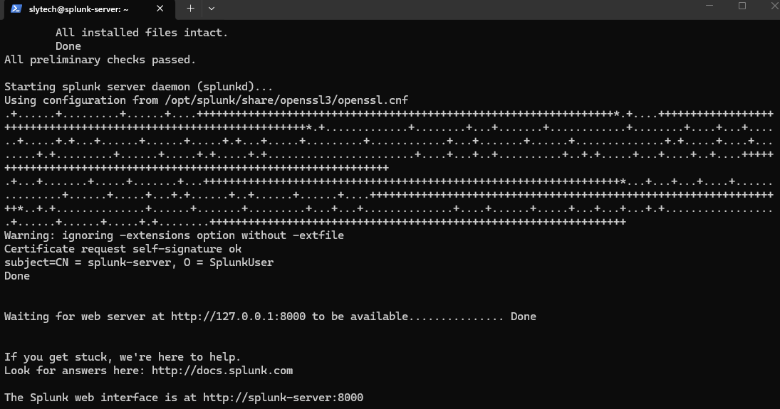 Splunk first start showing web interface URL