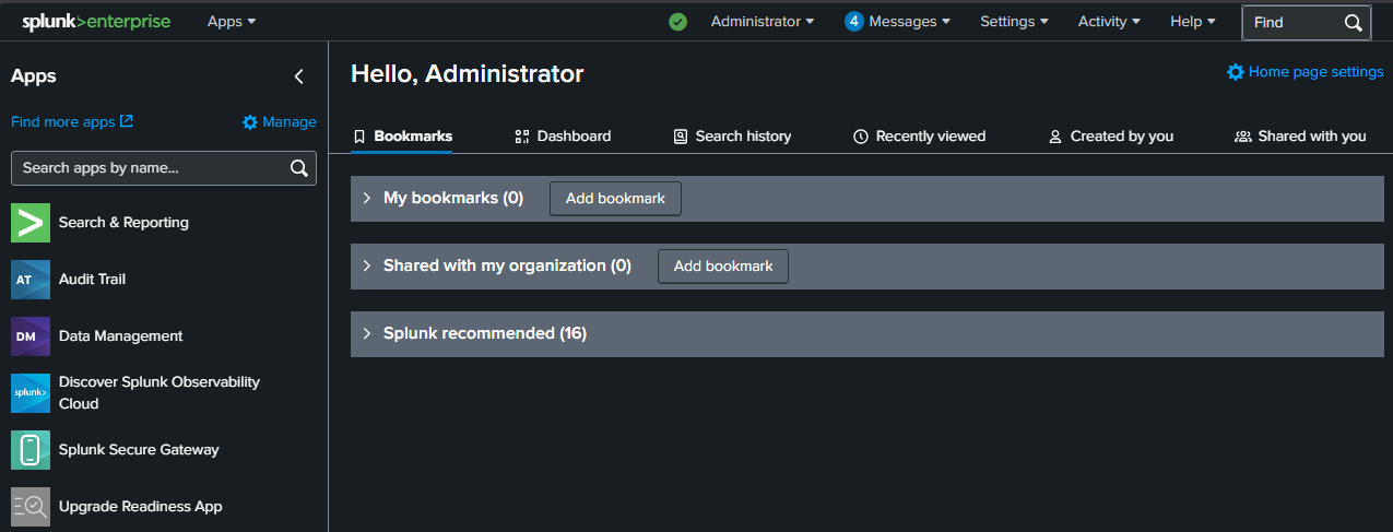 Splunk dashboard on first login
