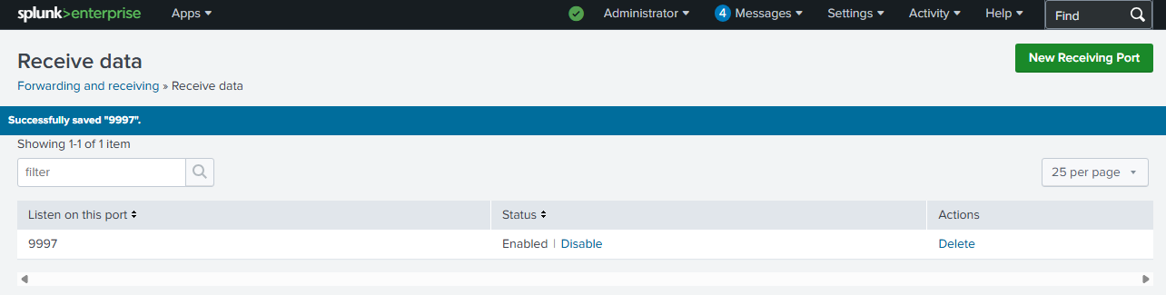 Receiving port 9997 configured and enabled