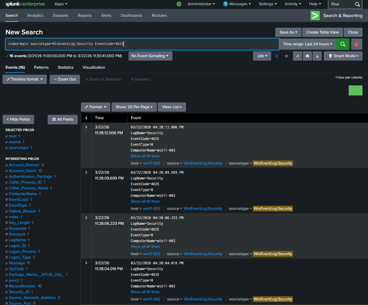 16 EventCode 4625 failed logon events in Splunk from win11-002