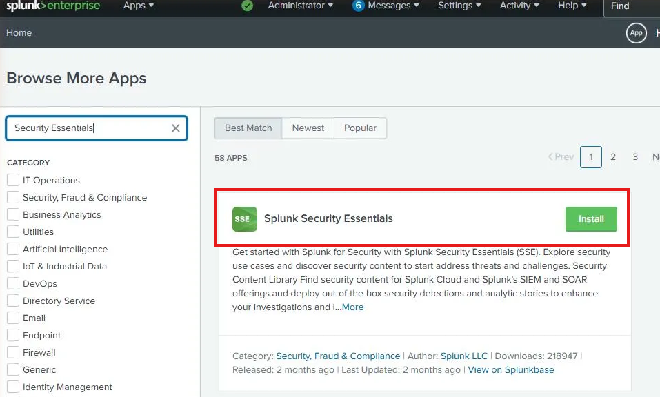 Splunk Security Essentials home page loaded successfully