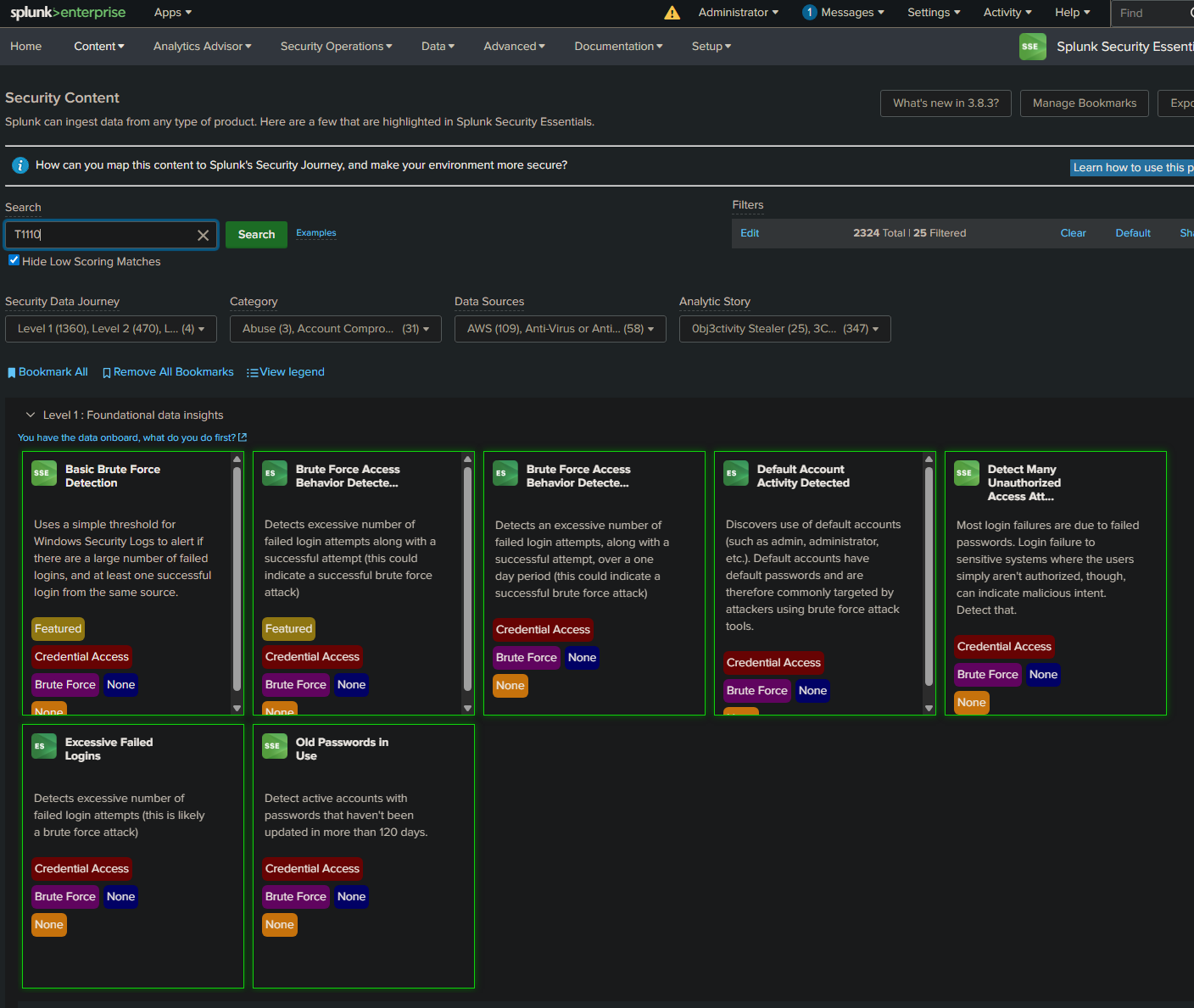 T1110 search results in Security Essentials showing seven brute force detections