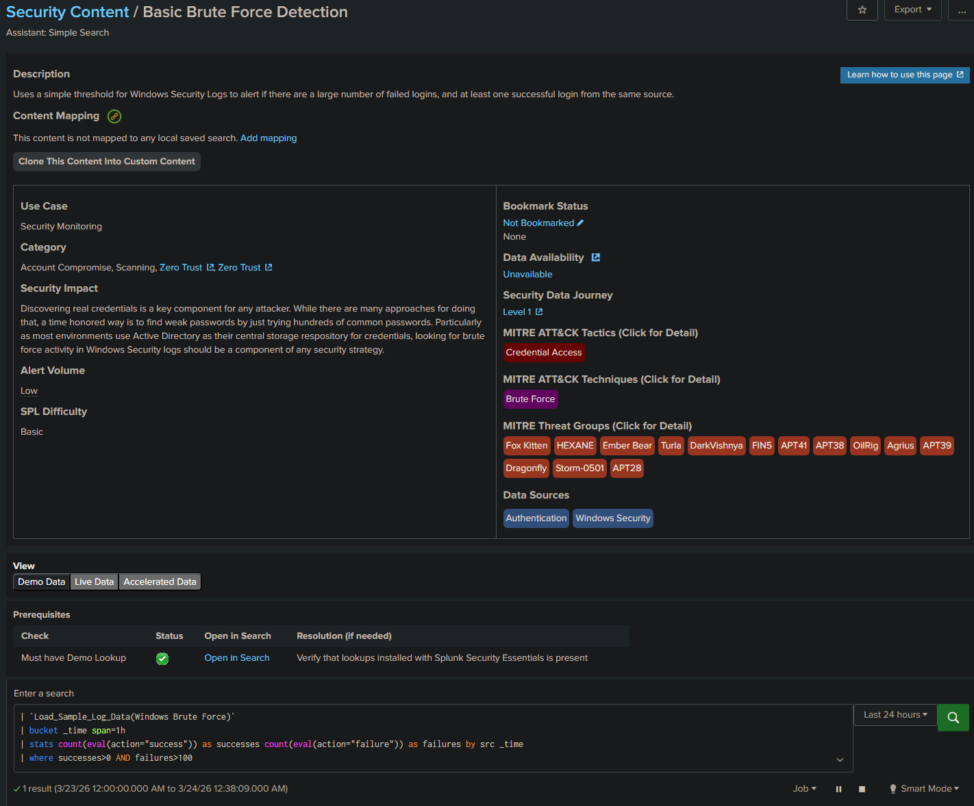 Basic Brute Force Detection detail showing ATT&CK tactic, technique, and threat groups