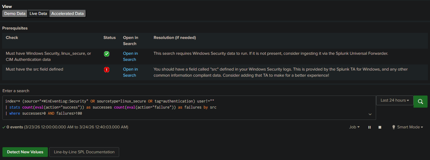 Live Data showing 0 events and a red warning about the src field