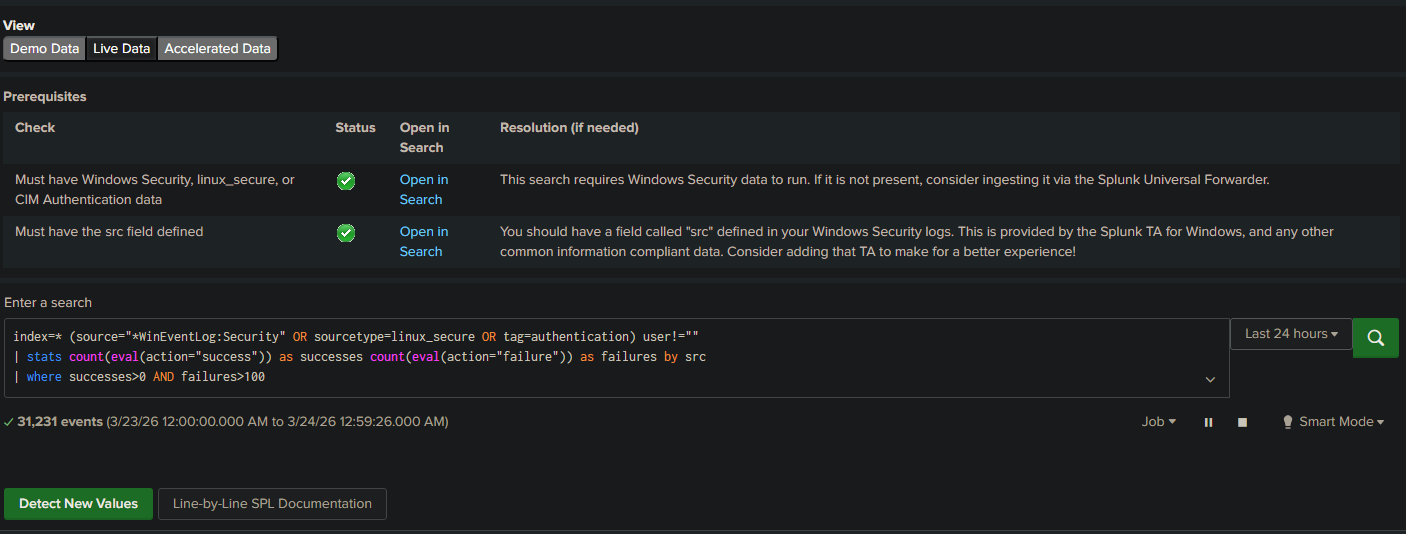 Live Data showing 31,231 events with both prerequisites passing green