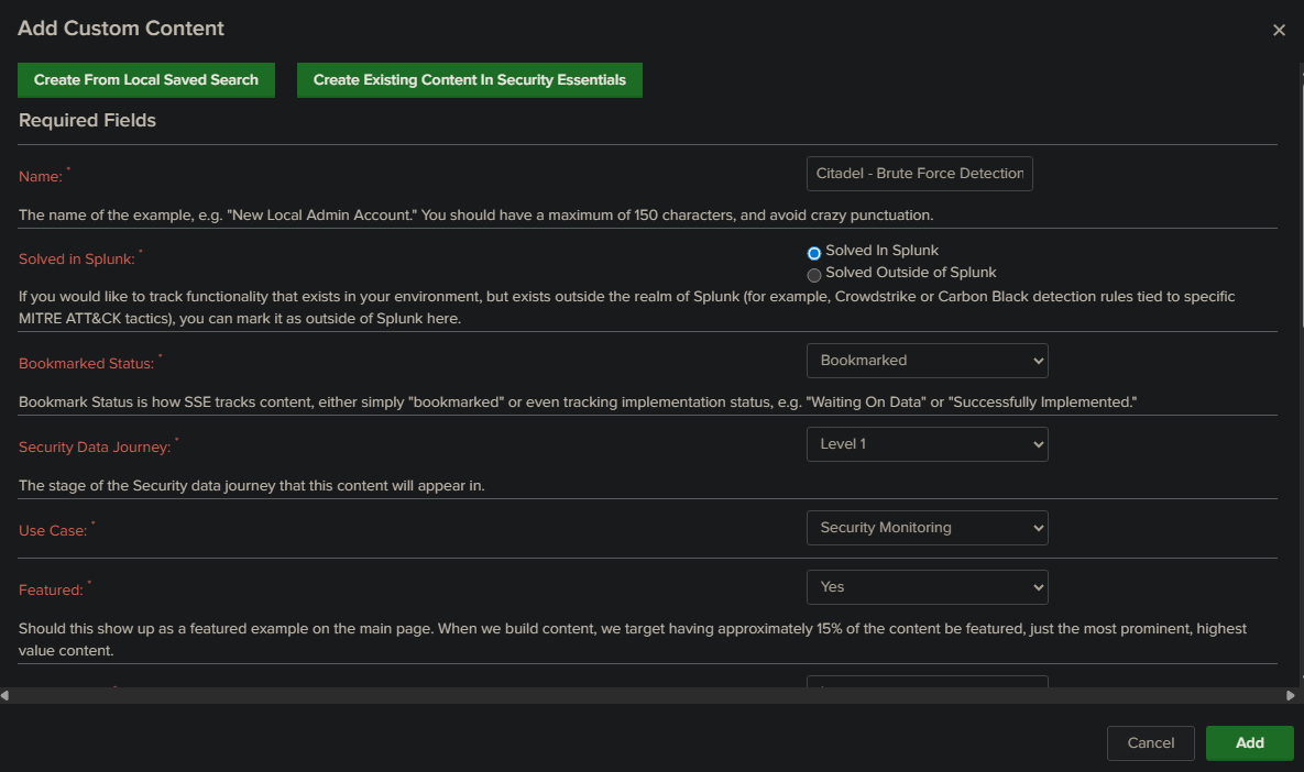Clone dialog showing Citadel - Brute Force Detection being created with Bookmarked status