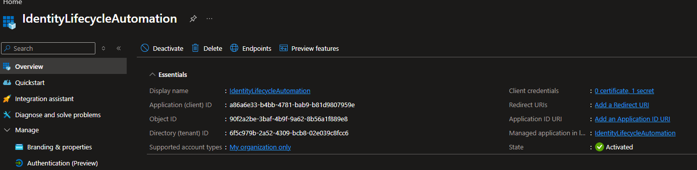 App registration overview showing Application ID and Tenant ID