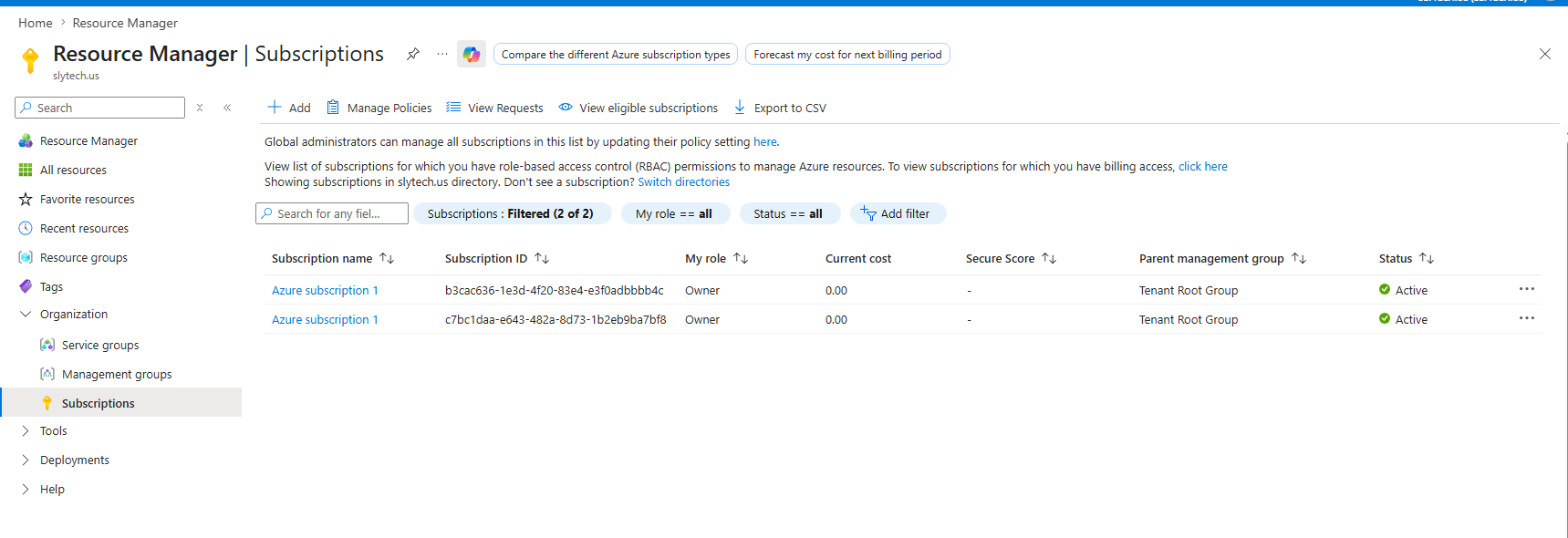 Azure portal home showing the slytech.us subscription