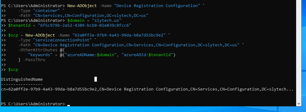PowerShell output showing SCP created with correct tenant ID and domain