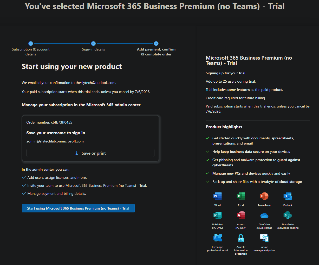 Microsoft 365 admin center showing the new SlyTech tenant