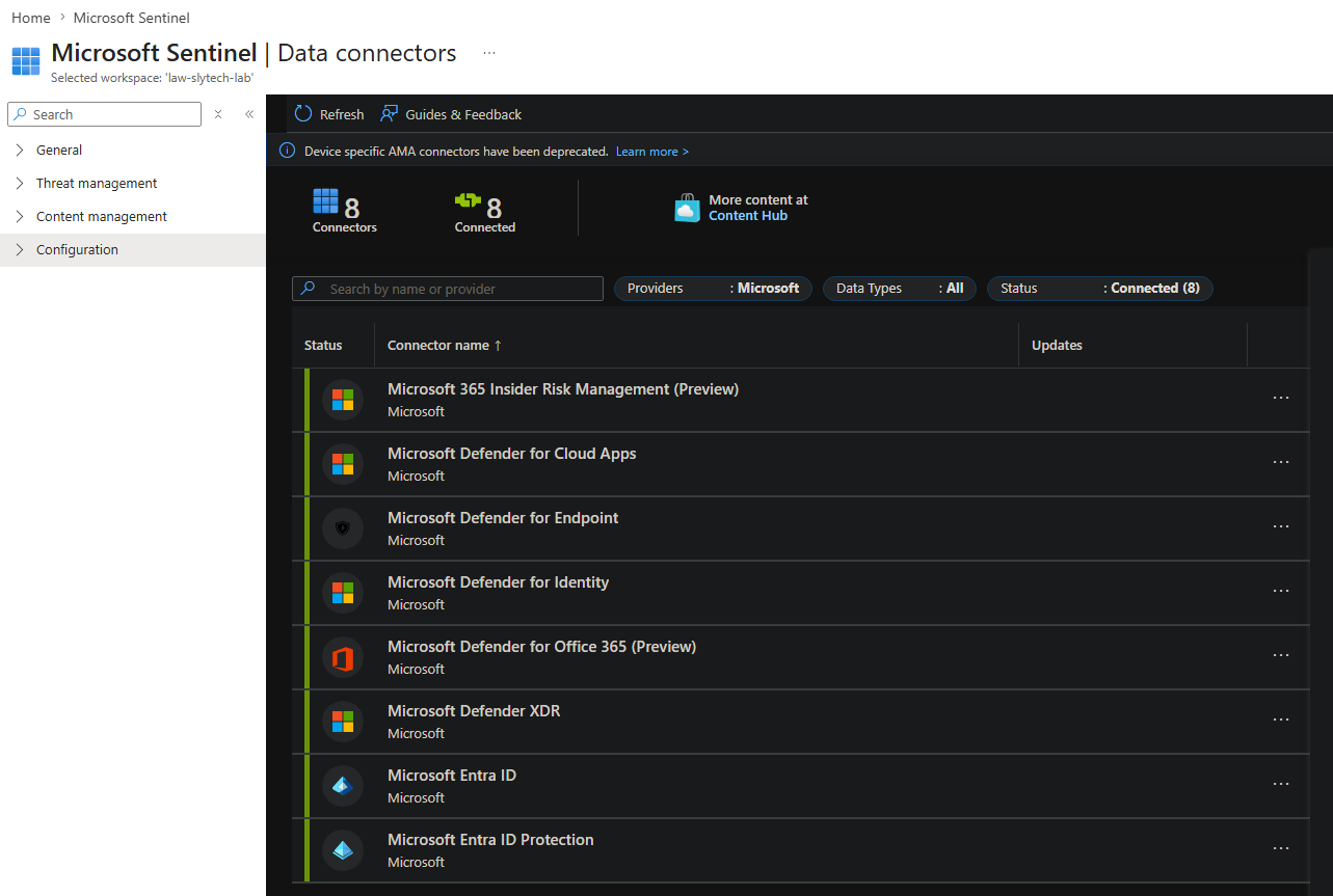 Eight Microsoft data connectors auto-connected in Sentinel