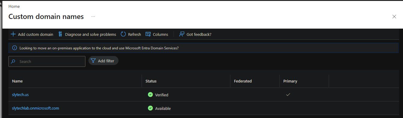 slytech.us verified and set as primary domain in Entra ID