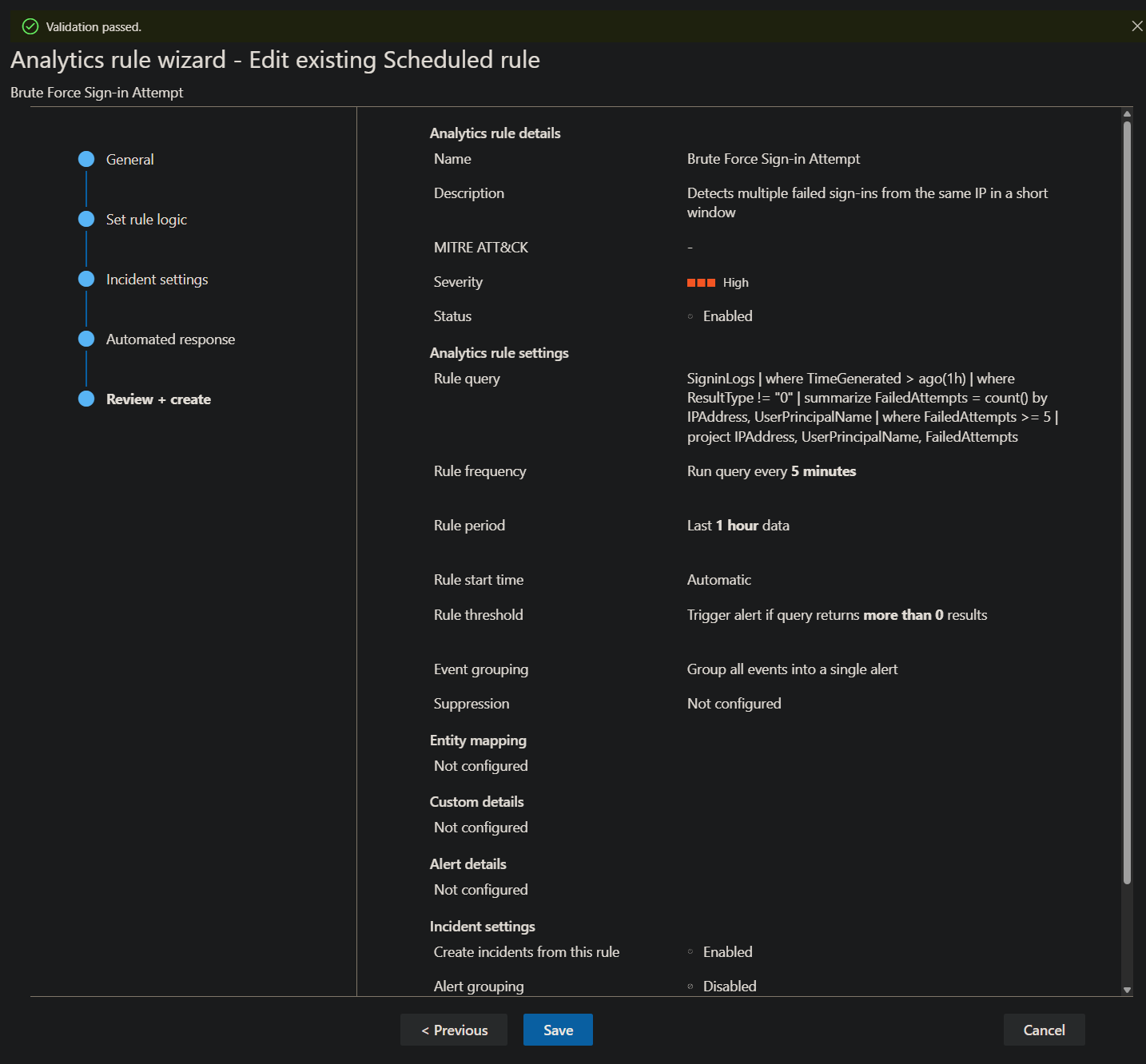Brute force rule configuration showing query, scheduling, and severity settings