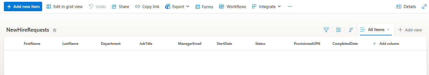 New hire list columns