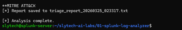 Terminal showing report saved to timestamped file and analysis complete