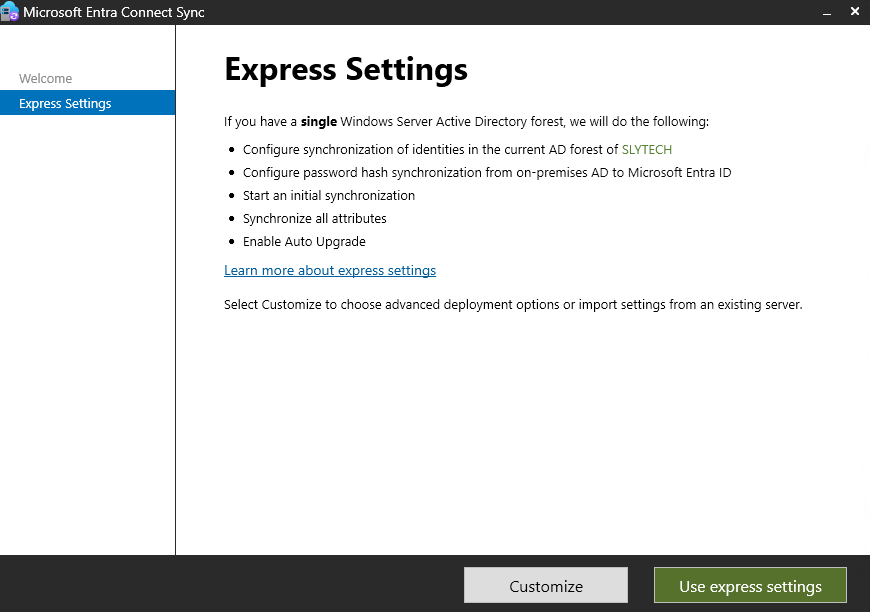 Entra Connect installer on the Express Settings screen