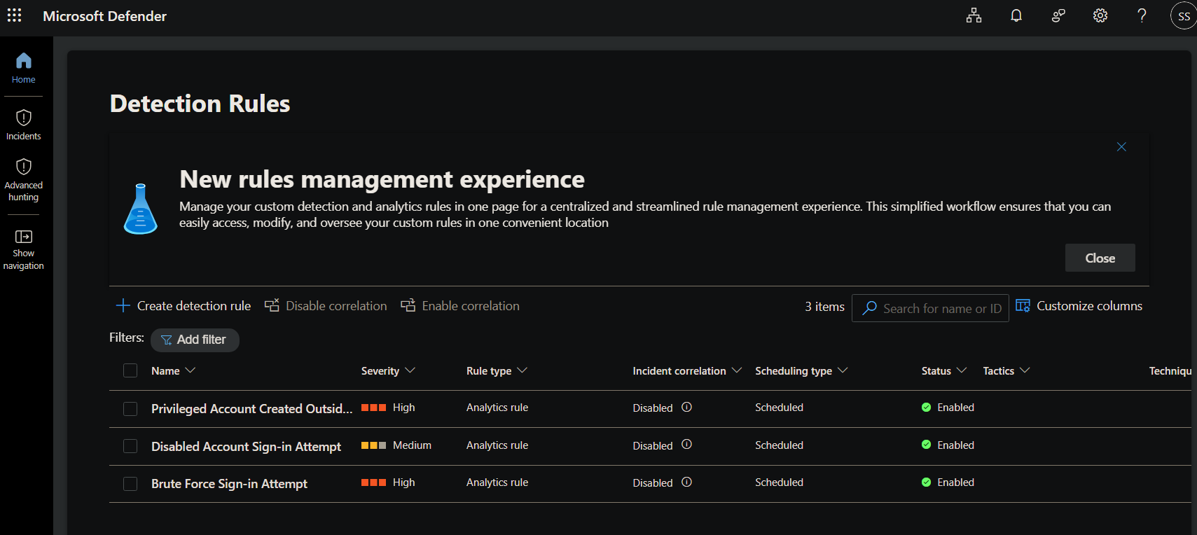 All three analytics rules enabled in Sentinel