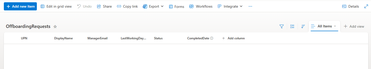 Offboarding list columns