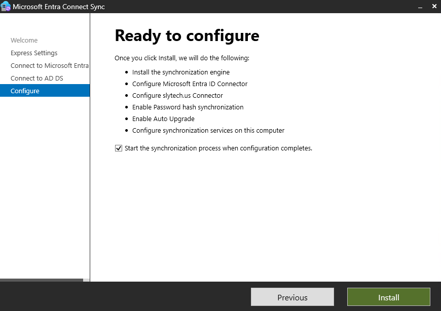 Ready to configure screen showing sync configuration summary